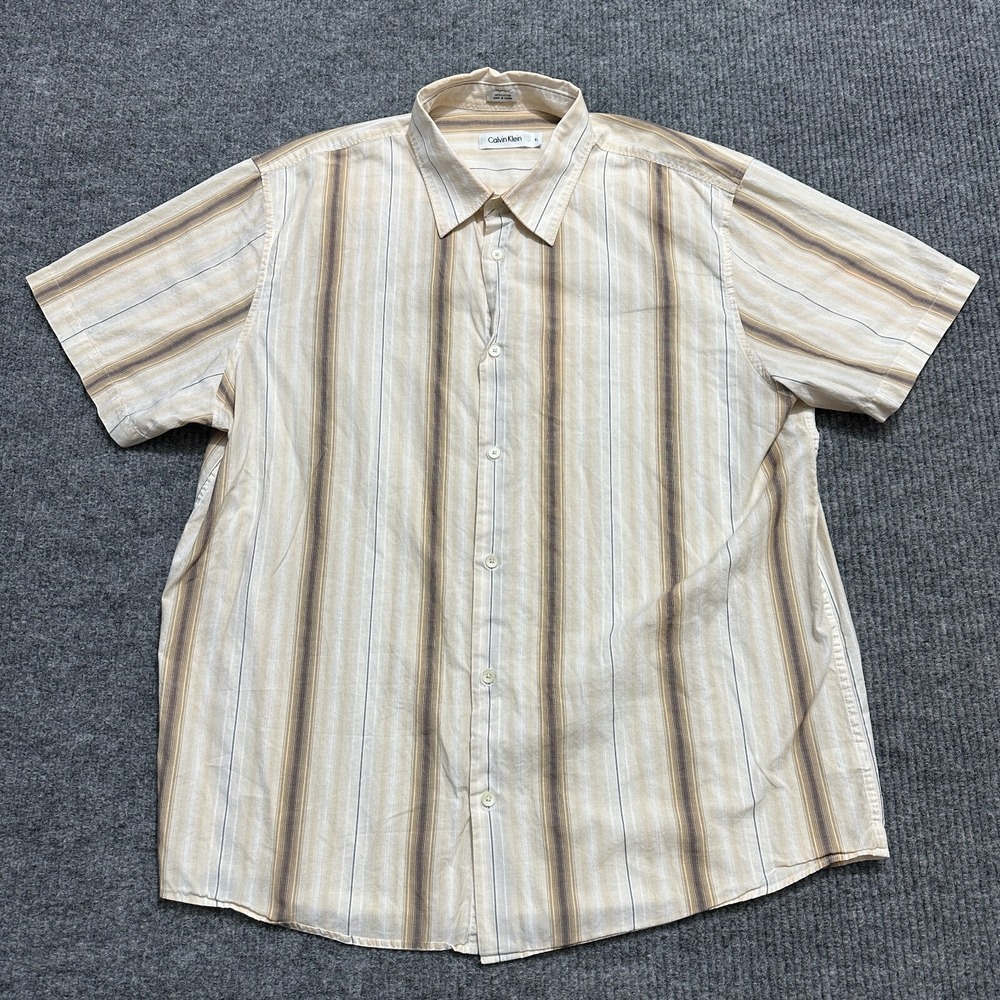 Calvin Klein Mens Striped Shirt Size XL Tan Short Sleeve Button Up